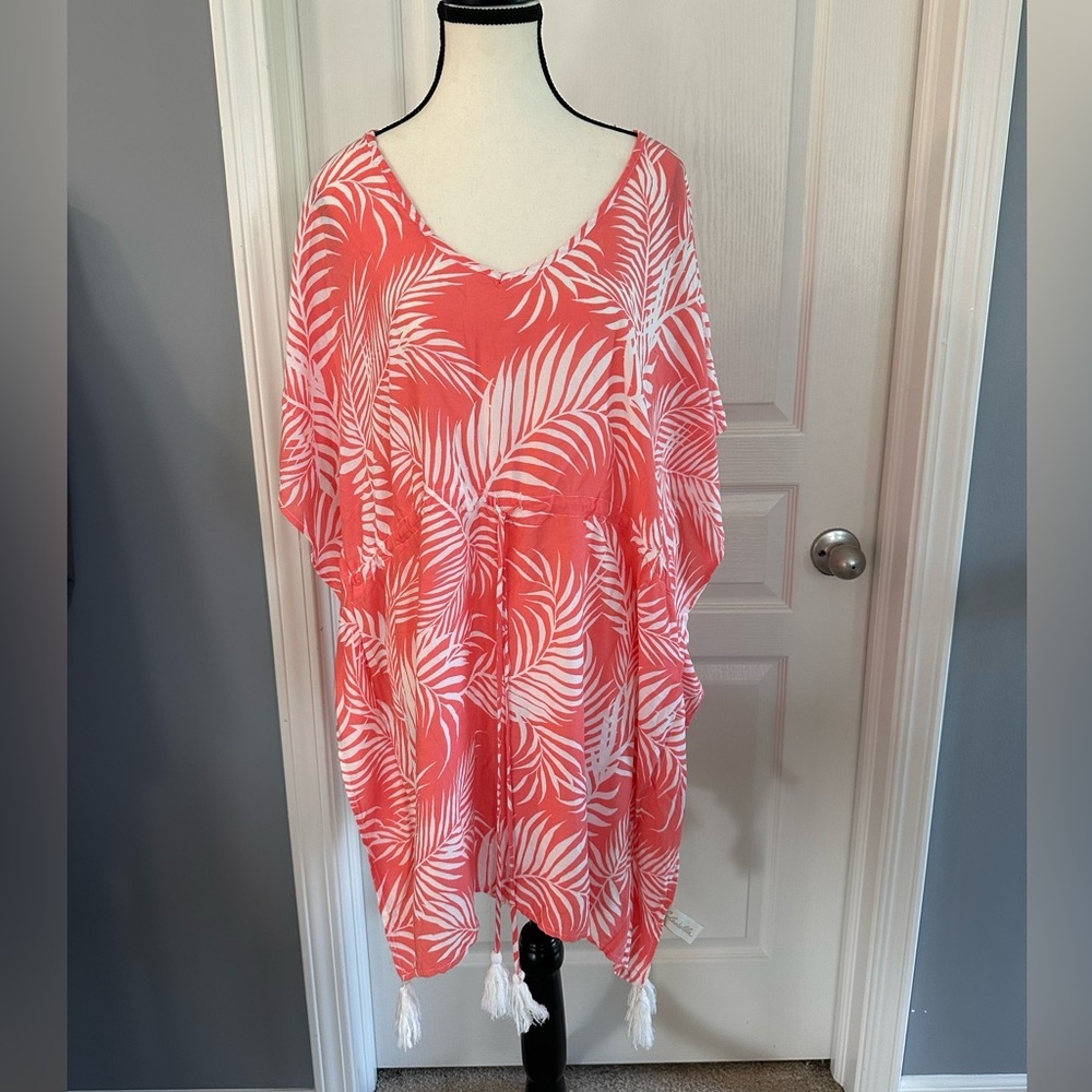 Cleobella Swim Cover-Up – Sunset Fern Leaf – Tropical Coral & White w Tassels